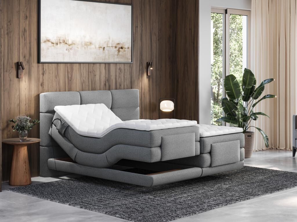 Conjunto Boxspring cabecero capitoné + somieres relajación eléctrico + colchón + sobrecolchón 2 x 80 x 200 gris claro - LODI de PALACIO