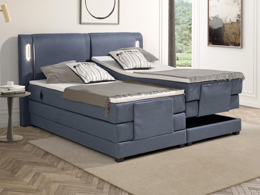 Conjunto boxspring cabecero con LEDs + somieres relajación eléctrico + colchón + sobrecolchón - 2 x 90 x 200 cm - Tela azul - ASTEMI de PALACIO