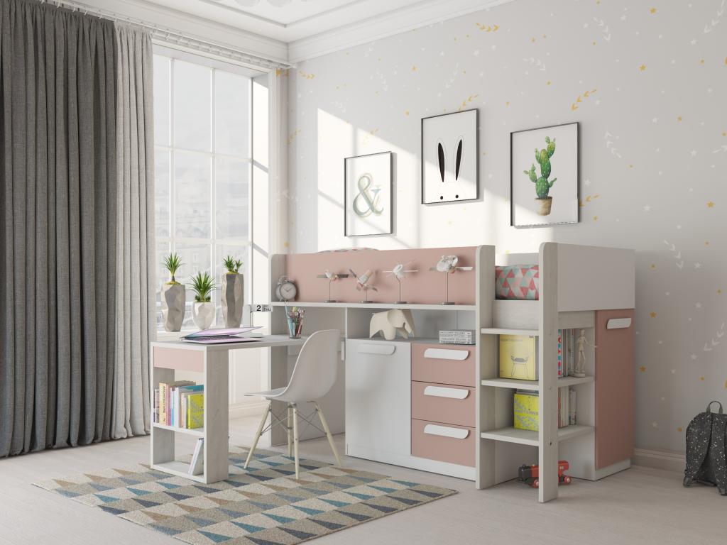 Unique Cama 90 x 200 cm - Con escritorio y compartimentos - Rosa, natural y blanco LOUKALA