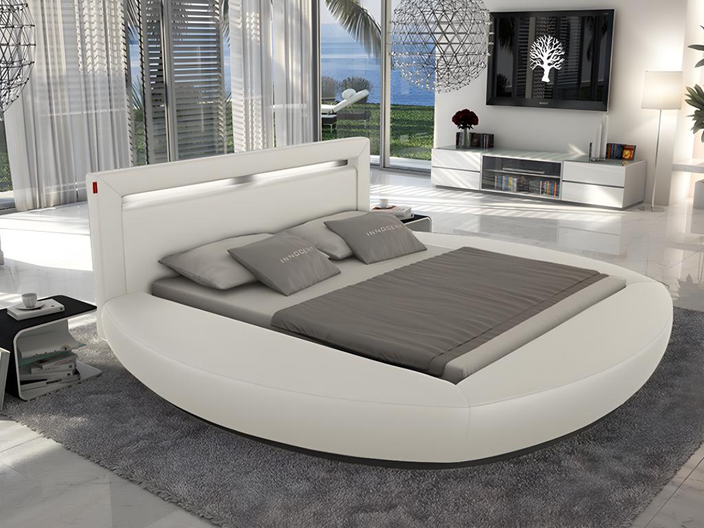 Unique Cama ABULIS II + somier de láminas - 160x200 cm - Piel sintética blanca con leds + somier