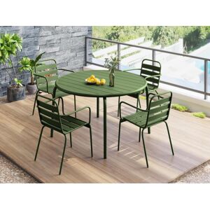 MYLIA Comedor de jardín de metal - una mesa de 110 cm de diámetro y 4 sillones apilables - caqui - MIRMANDE