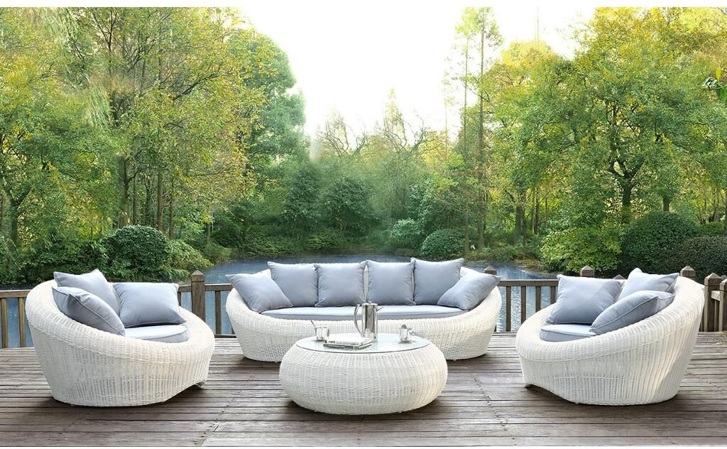 MYLIA Conjunto de jardín de resina trenzada color crudo: Sofá, 2 sillones y mesa de centro - WHITEHEAVEN