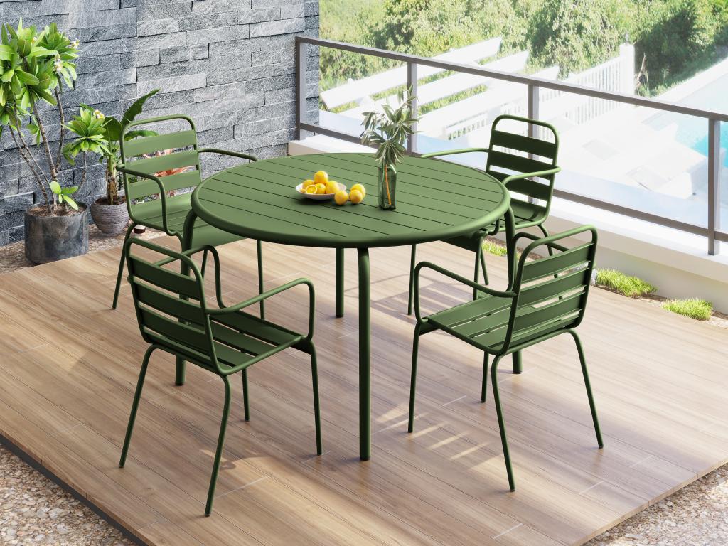 MYLIA Comedor de jardín de metal - una mesa de 110 cm de diámetro y 4 sillones apilables - caqui - MIRMANDE