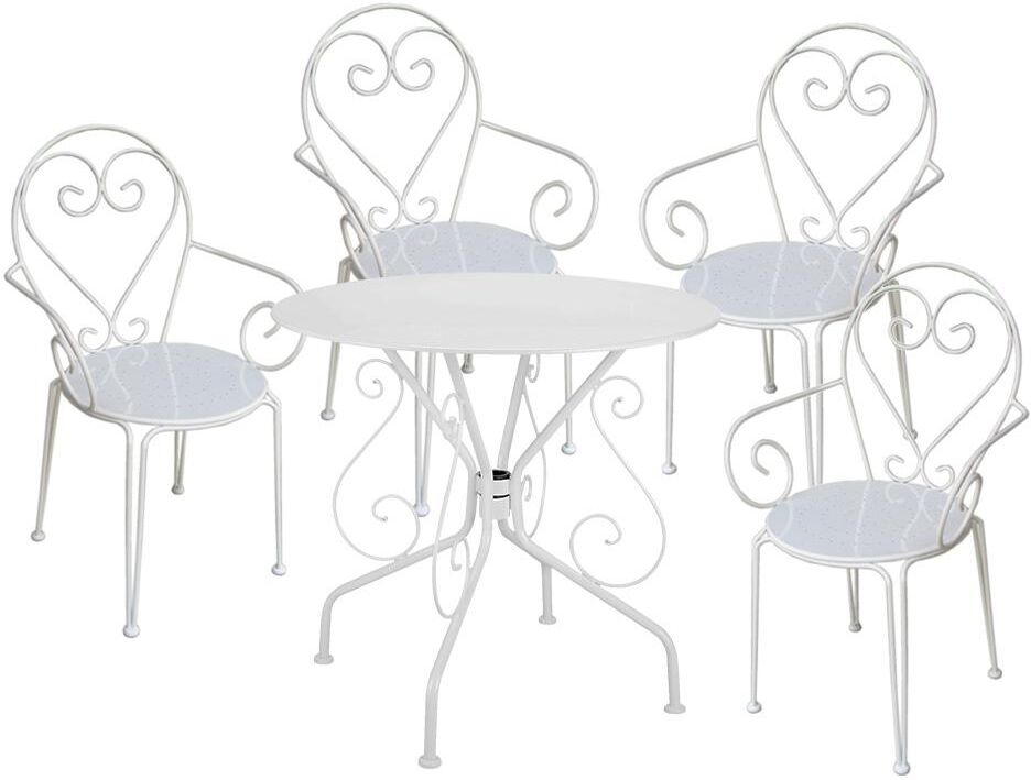 MYLIA Comedor de jardín de metal estilo hierro forjado : una mesa y 4 sillones blancos - GUERMANTES