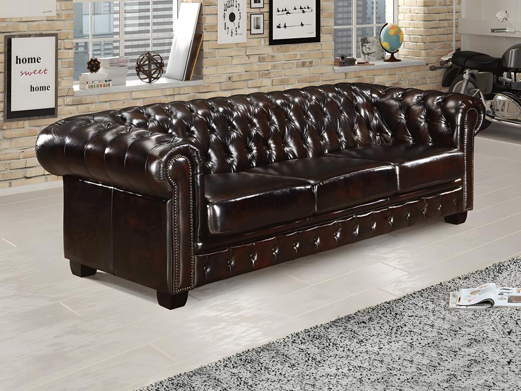 LINEA SOFA Sofá Chesterfield 4 plazas, 100% piel de búfalo BRENTON Marrón con reflejos castaño