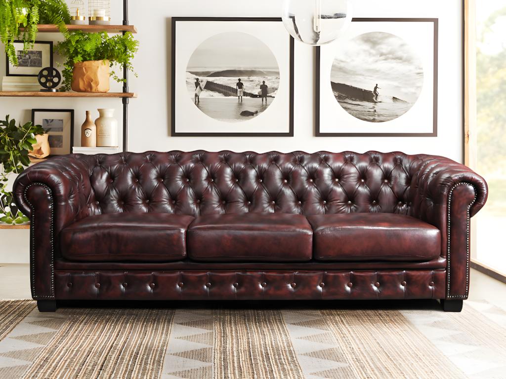 LINEA SOFA Sofá chesterfield de 4 plazas BRENTON 100% piel de búfalo - Cherry