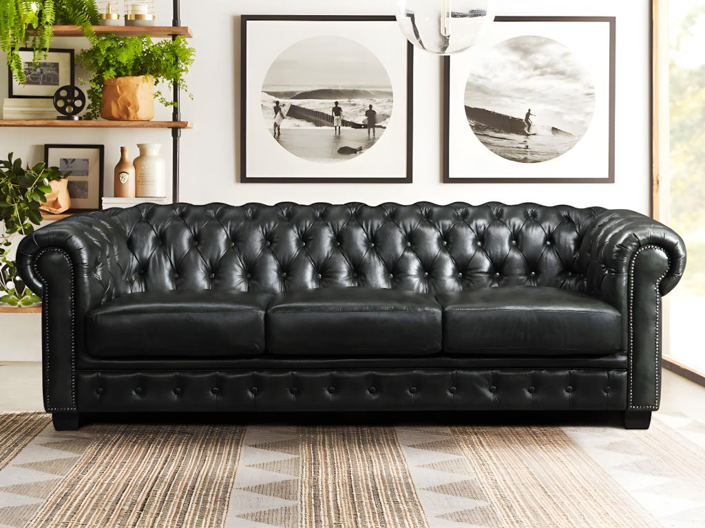 LINEA SOFA Sofá chesterfield de 4 plazas BRENTON 100% piel de búfalo - Verde-pino