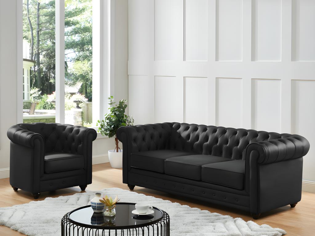 Unique Sofá de 3 plazas de piel de búfalo CHESTERFIELD - Negro