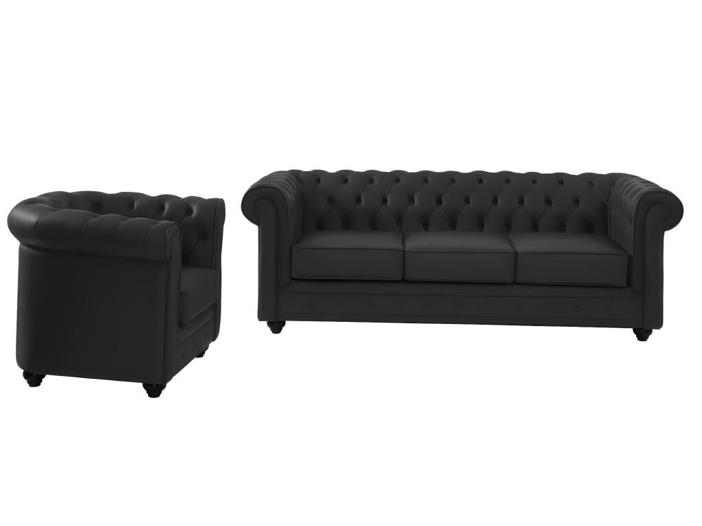 Unique Sofá de 3 plazas y sillón de piel de búfalo CHESTERFIELD - Negro