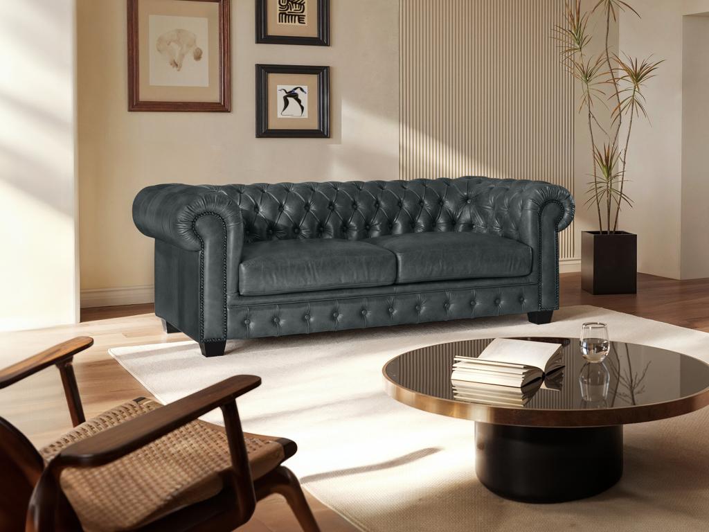 LINEA SOFA Sofá chesterfield de 3 plazas BRENTON 100% piel de búfalo - Verde de gris