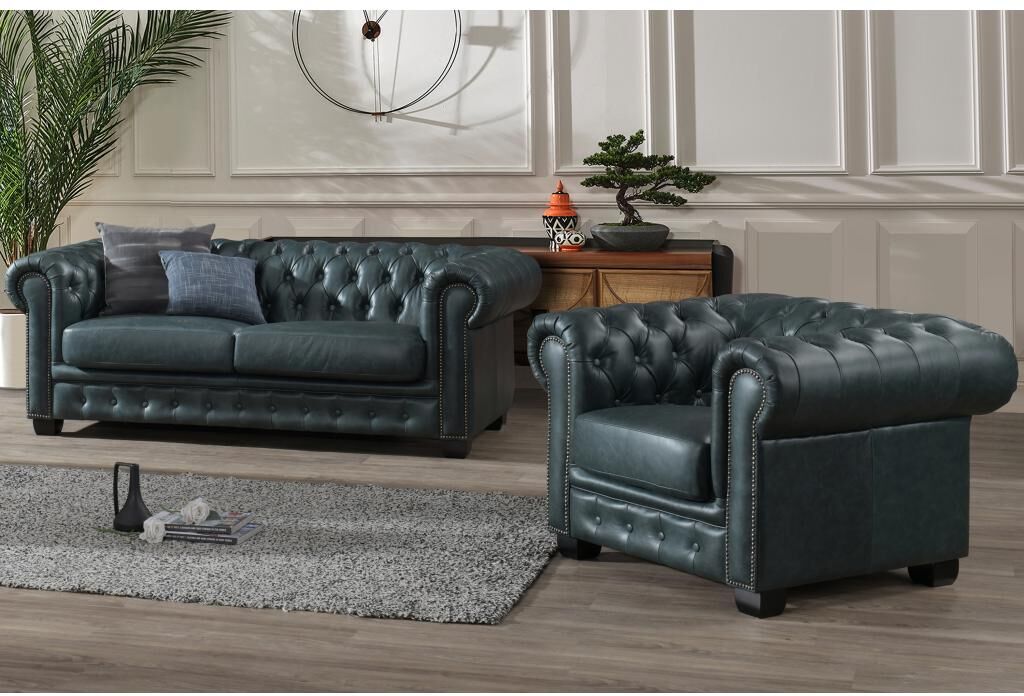 LINEA SOFA Sofá chesterfield 3+1 plazas BRENTON 100% piel de búfalo - Verde de gris