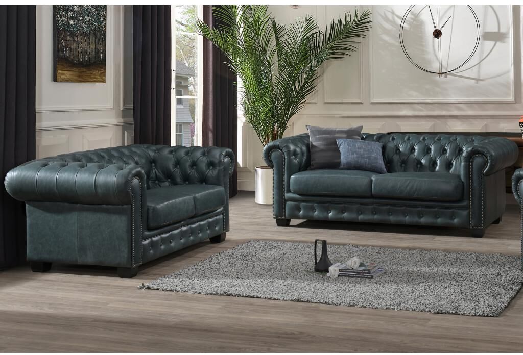 LINEA SOFA Sofá chesterfield 3+2 plazas BRENTON 100% piel de búfalo - Verde de gris