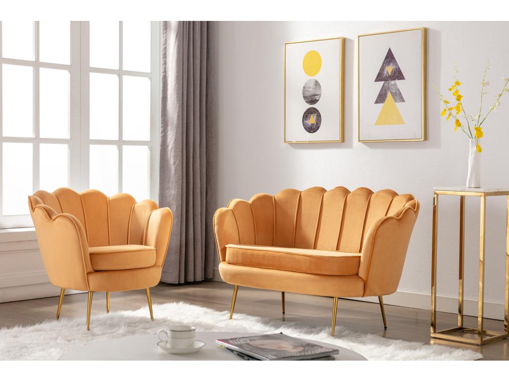 Unique Conjunto sofá de 2 plazas y sillón de terciopelo amarillo mostaza DANDELION