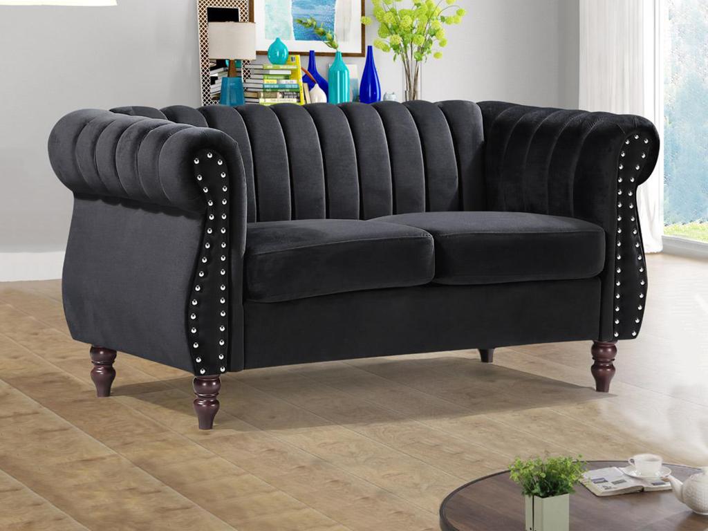 Unique Sofá chesterfield 2 plazas de terciopelo negro TRUMBO