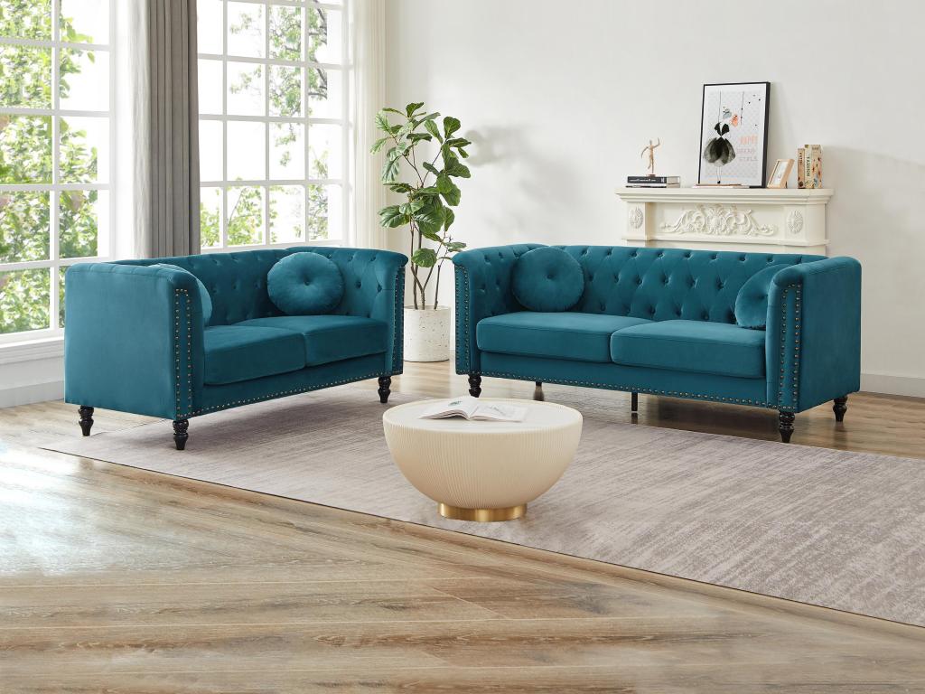Unique Sofá de 3+2 plazas de terciopelo verde azulado TURNER
