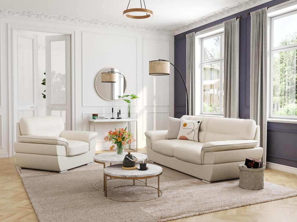 LINEA SOFA Sofá 3 plazas de piel THIBAULT - Blanco marfil