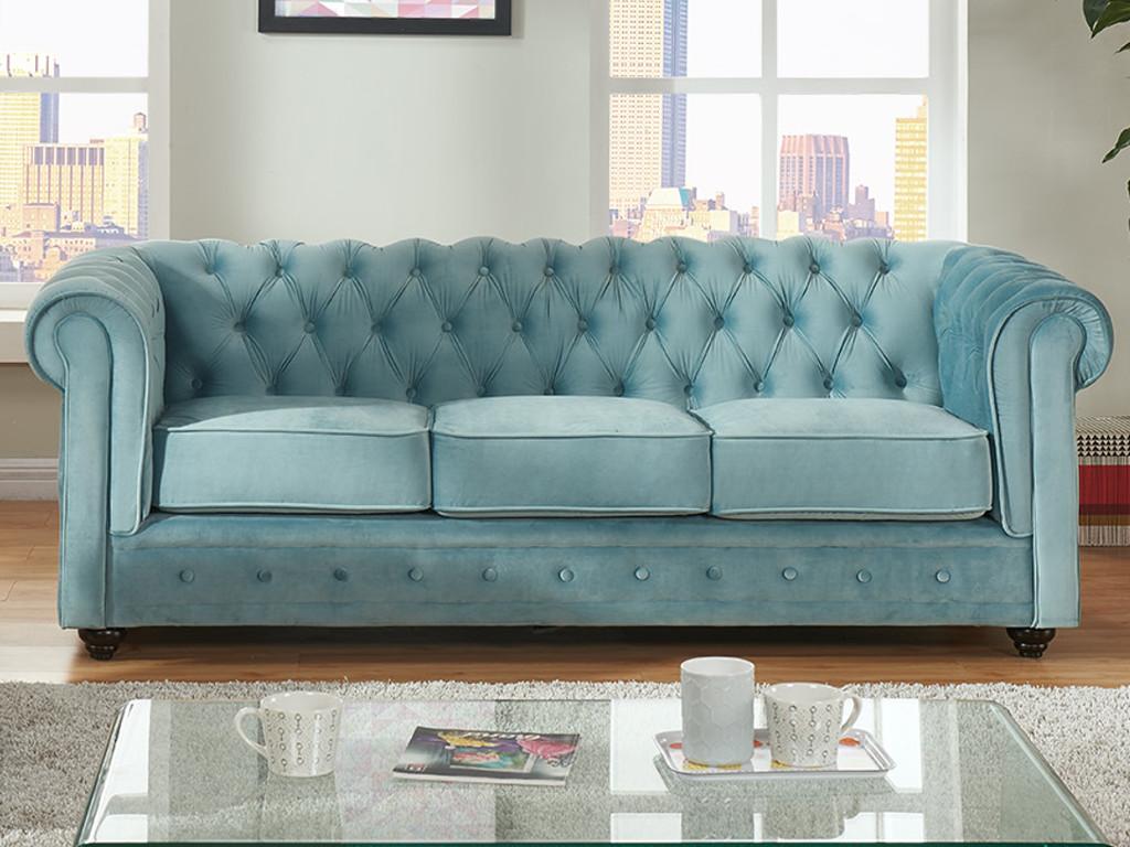 Unique Sofá 3 plazas de terciopelo CHESTERFIELD - Azul pastel