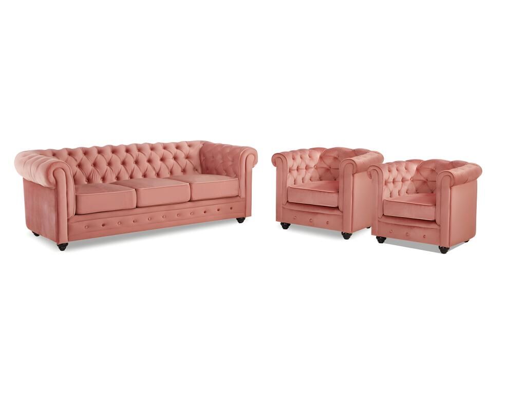 Unique Sofá 3 plazas y 2 sillones de terciopelo CHESTERFIELD - Rosa polvo