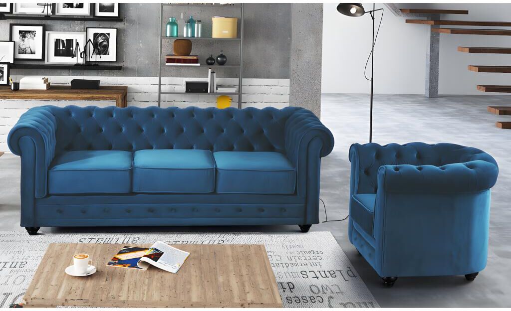 Unique Sofá 3 plazas y sillón de terciopelo CHESTERFIELD - verde azulado