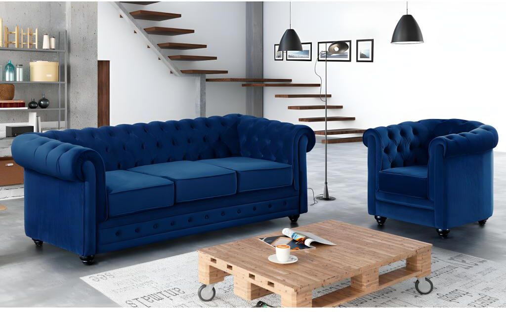 Unique Sofá 3 plazas y sillón de terciopelo CHESTERFIELD - Azul noche