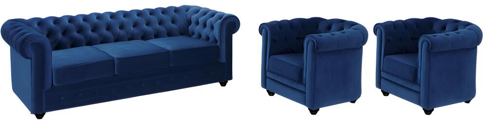 Unique Sofá 3 plazas y 2 sillones de terciopelo CHESTERFIELD - Azul noche