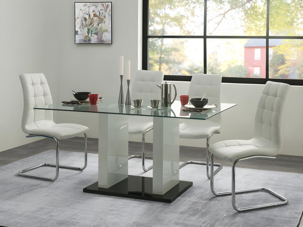 Unique Mesa de comedor SAMIRA - 6 comensales - Cristal templado y MDF lacado blanco