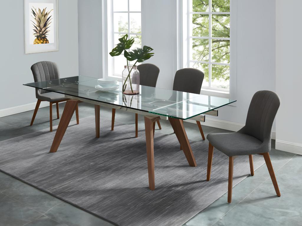 Unique Mesa de comedor extensible ALTAMIRA - 6 a 8 comensales - Vidrio templado y metal con acabado tipo nogal