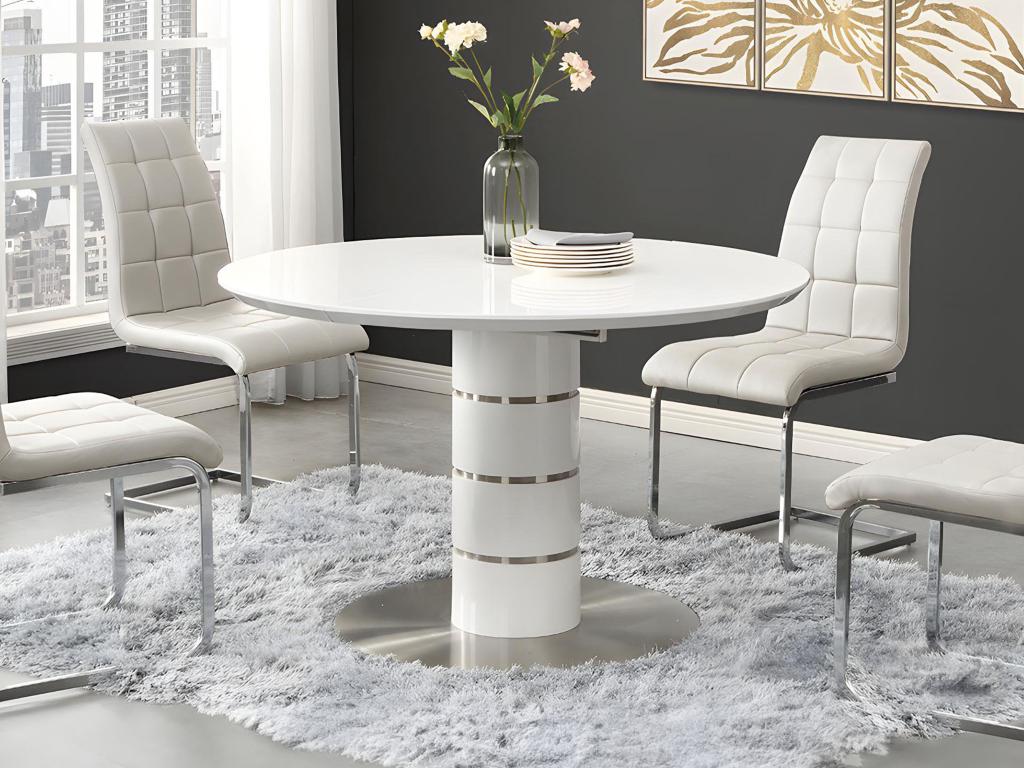 Unique Mesa de comedor extensible - 4 a 6 comensales - MDF y metal inoxidable - Blanco lacado - CUSCO