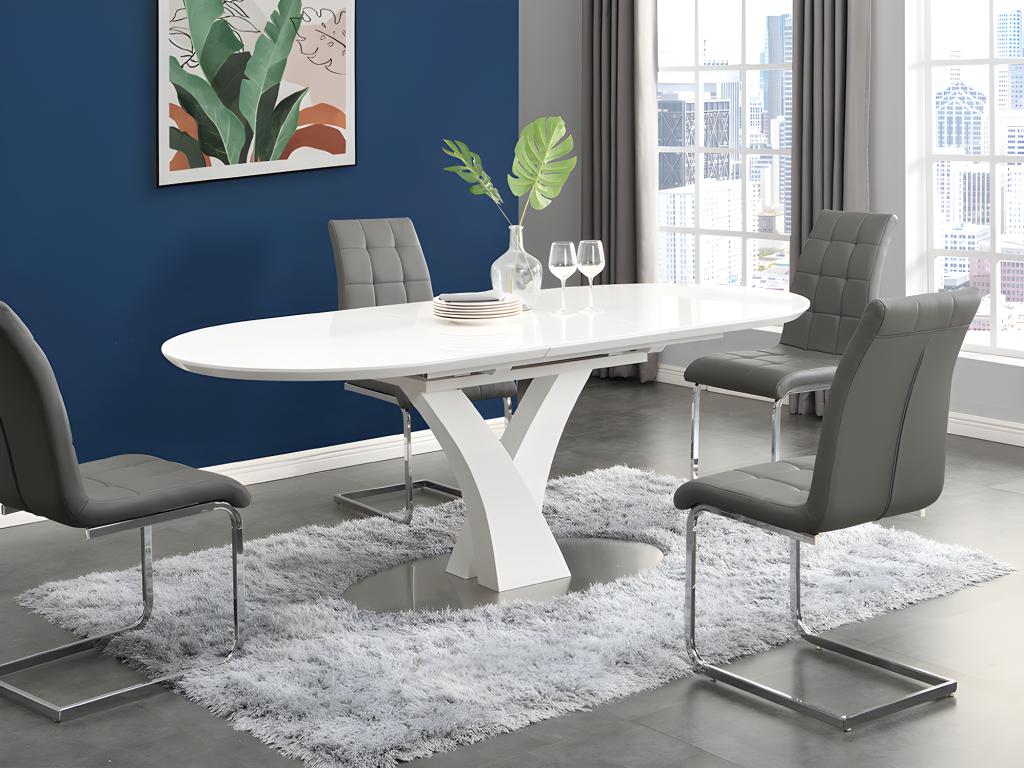 Unique Mesa de comedor extensible - 6 a 8 comensales - MDF y metal inoxidable - Blanco lacado - TALARA