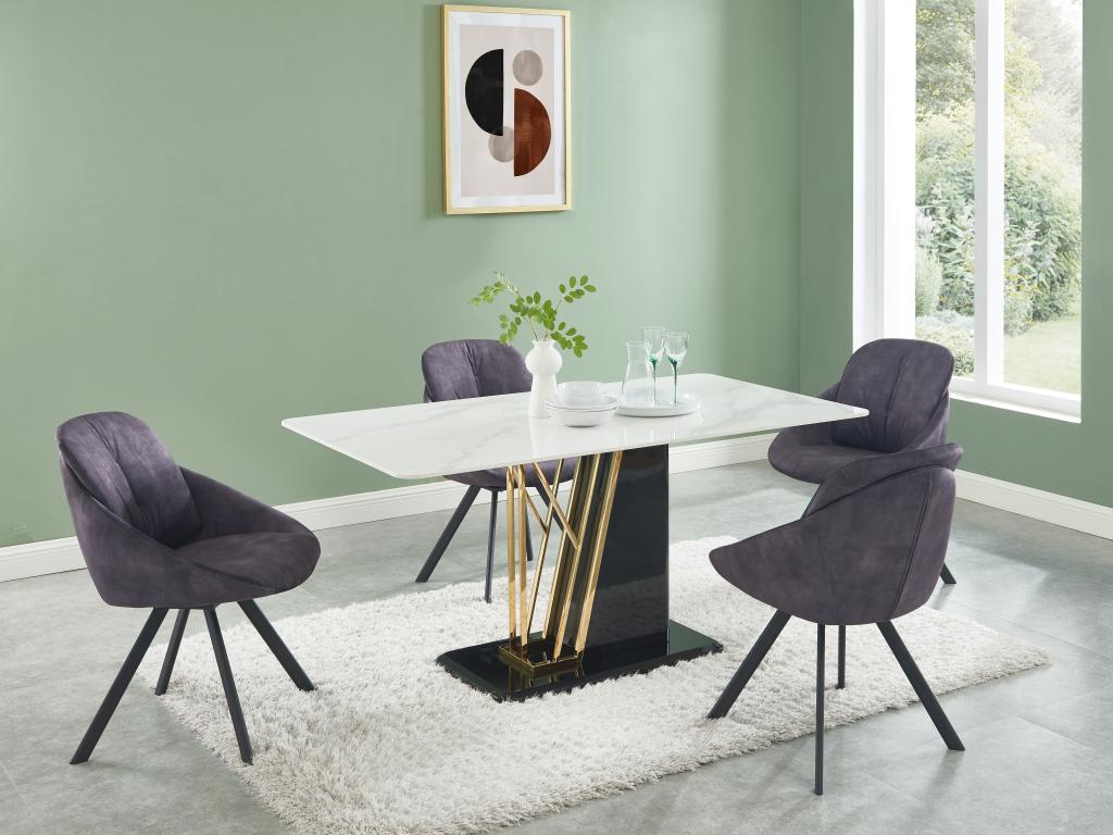 Unique Mesa de comedor 6 comensales de cerámica y MDF - Efecto mármol blanco, dorado y negro lacado - BALLARAT