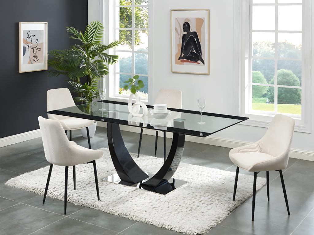 Unique Mesa de comedor 8 comensales de MDF, cristal templado y acero inoxidable - Negro - MEZZO II