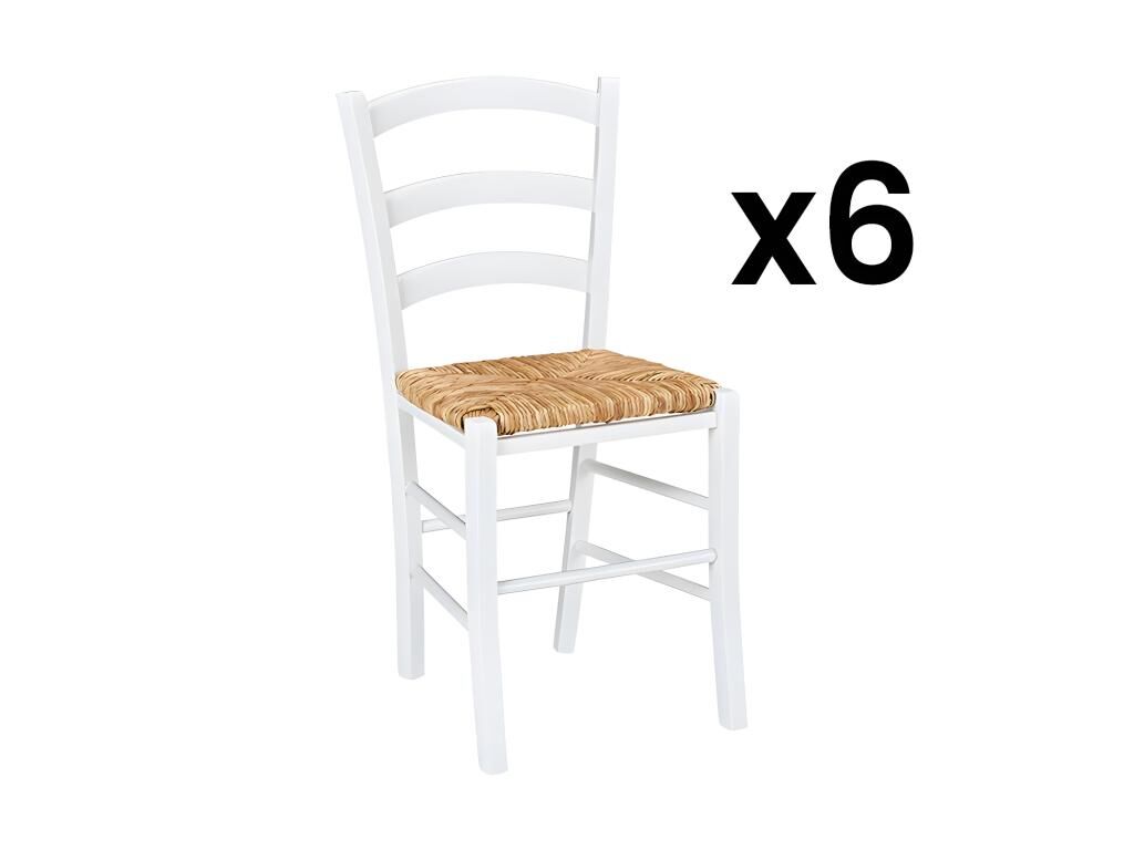Unique Conjunto de 6 sillas PAYSANNE - Haya maciza y asiento de paja - Blanco