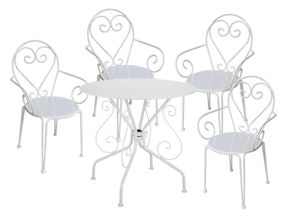 MYLIA Comedor de jardín de metal estilo hierro forjado : una mesa y 4 sillones blancos - GUERMANTES
