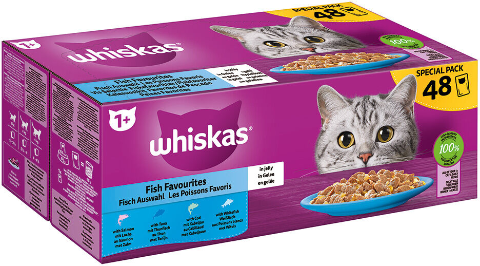 Whiskas 96x Megapack de 85 g  1+ Adult Fresh Pouch Selección de pescado en gelatina Comida húmeda para gatos