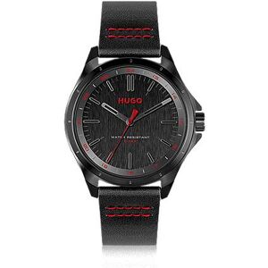 HUGO Black-dial watch with leather strap and logo details