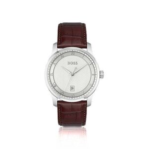 Boss Leather-strap watch with silver-white patterned dial