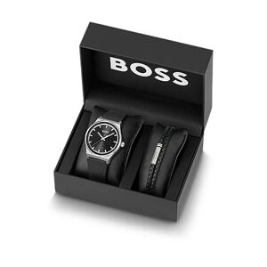 Boss Gift-boxed black-dial watch and braided-leather cuff