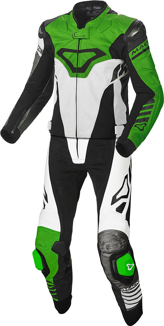 Macna Tracktix Kaksiosainen rei'itetty moottoripyörä nahkapuku Vihreä unisex 52 Macna Tracktix Kaksiosainen rei'itetty moottoripyörä nahkapuku Vihreä unisex 52