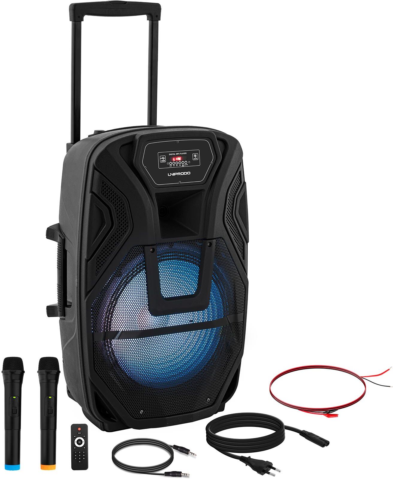 Uniprodo Kuljetettava PA-kaiutin - 2 mikrofonia - kaukosäädin - 50 W Uniprodo Kuljetettava PA-kaiutin - 2 mikrofonia - kaukosäädin - 50 W