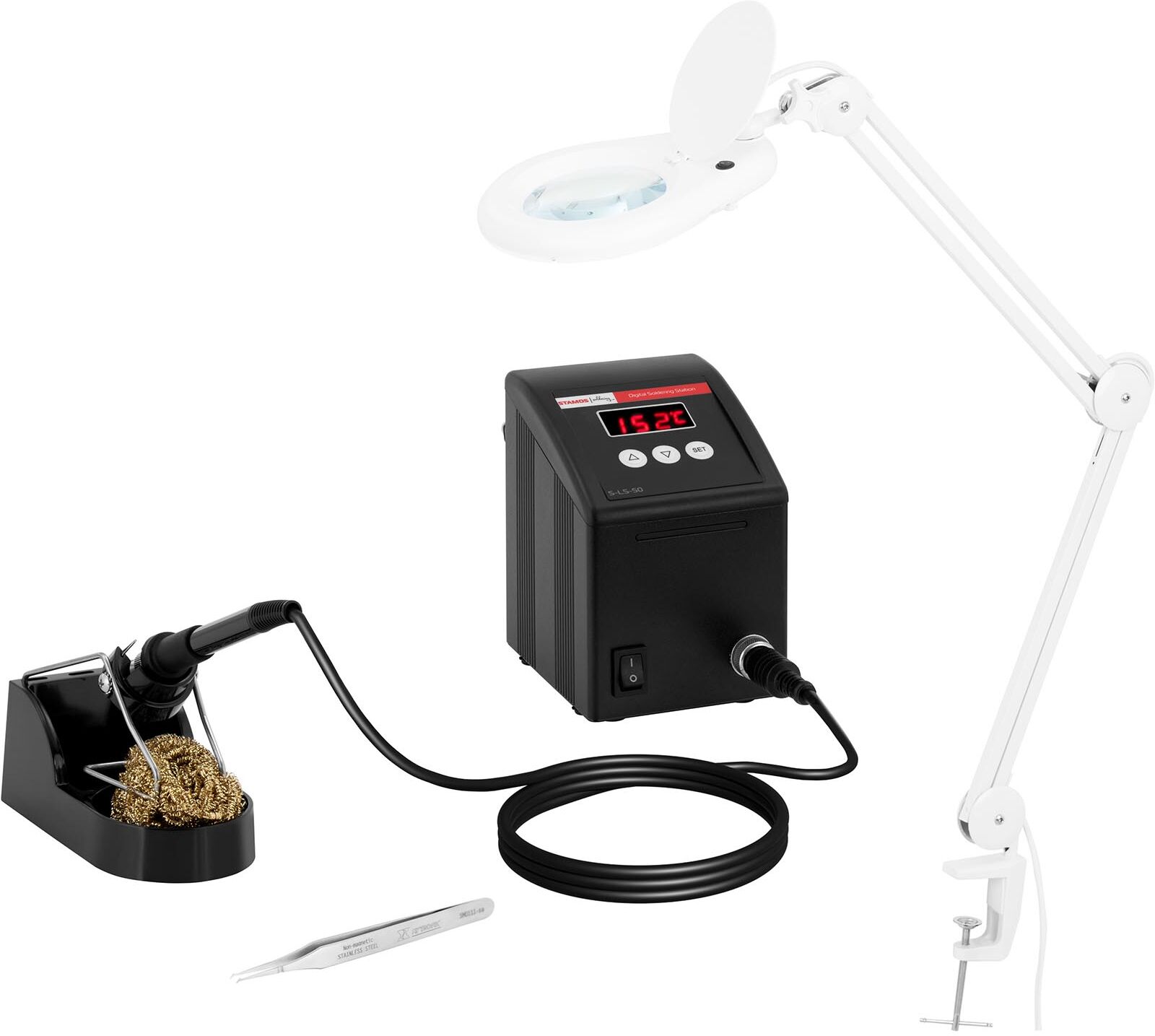 Stamos Soldering Juotosasema suurennuslasivalaisimella - digitaalinen - 100 W - LED Stamos Soldering Juotosasema suurennuslasivalaisimella - digitaalinen - 100 W - LED