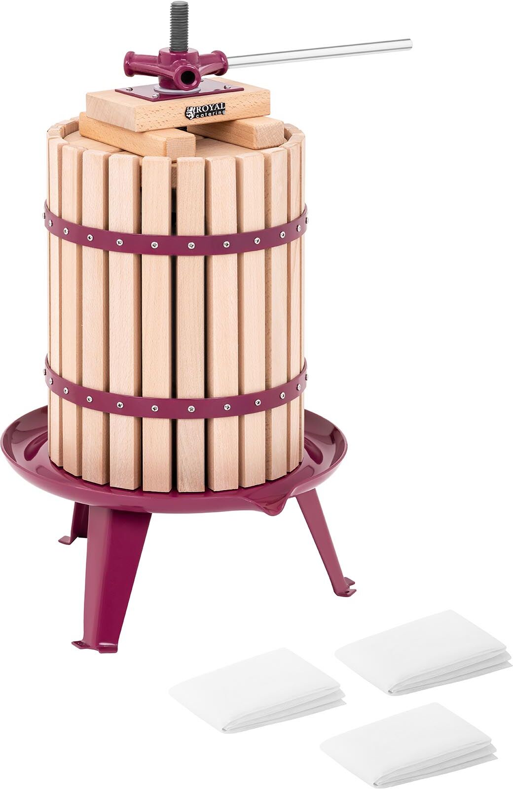 Royal Catering Hedelmäpuristin - käsikäyttöinen - puu - 18 L - puupalkit, painolevy ja 3 suodatinpussia Royal Catering Hedelmäpuristin - käsikäyttöinen - puu - 18 L - puupalkit, painolevy ja 3 suodatinpussia