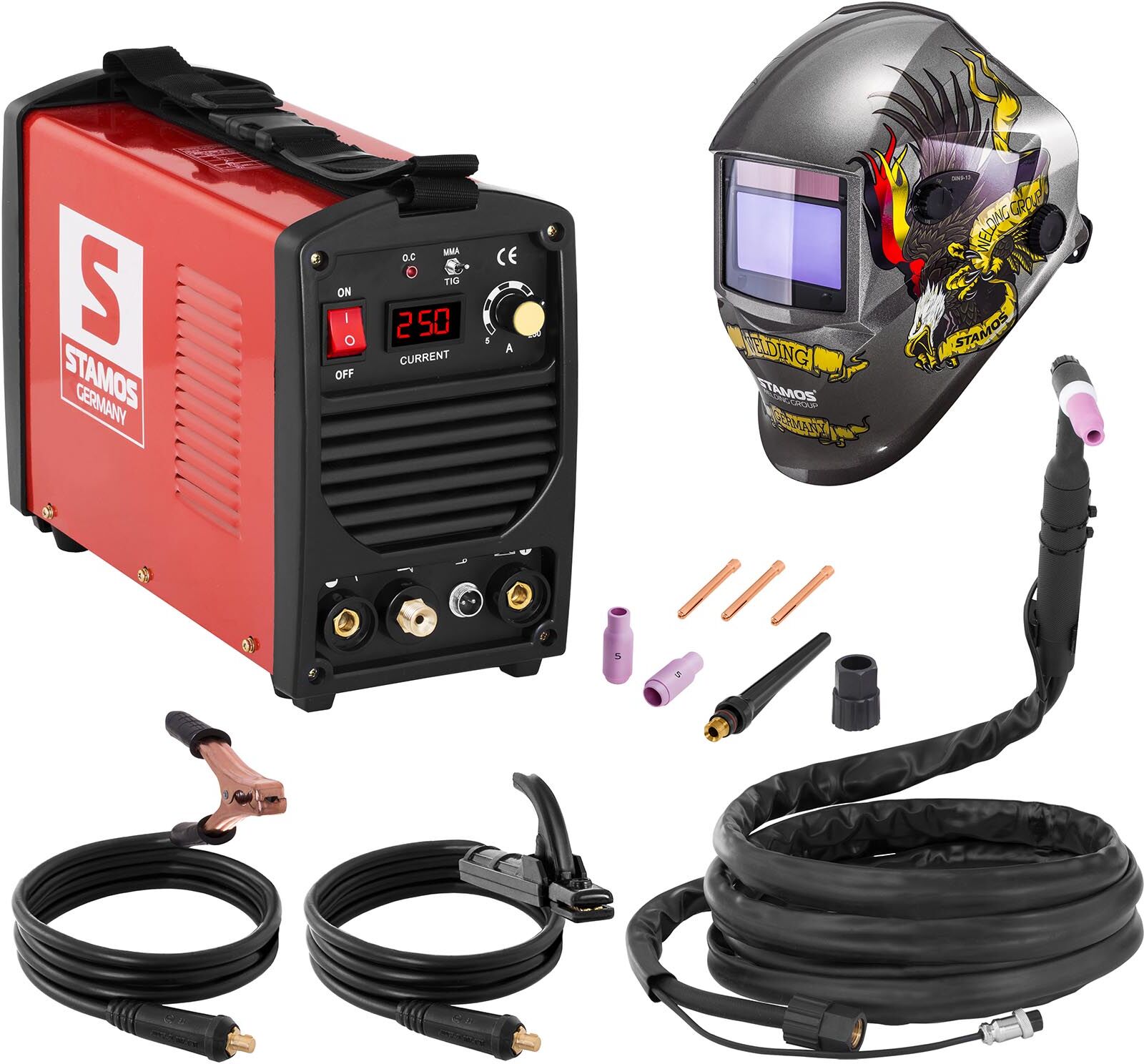 Stamos Basic Hitsaussetti TIG-hitsauskone - 250 A - 230 V - kannettava + Hitsausmaski – Eagle Eye – ADVANCED SERIES Stamos Basic Hitsaussetti TIG-hitsauskone - 250 A - 230 V - kannettava + Hitsausmaski – Eagle Eye – ADVANCED SERIES