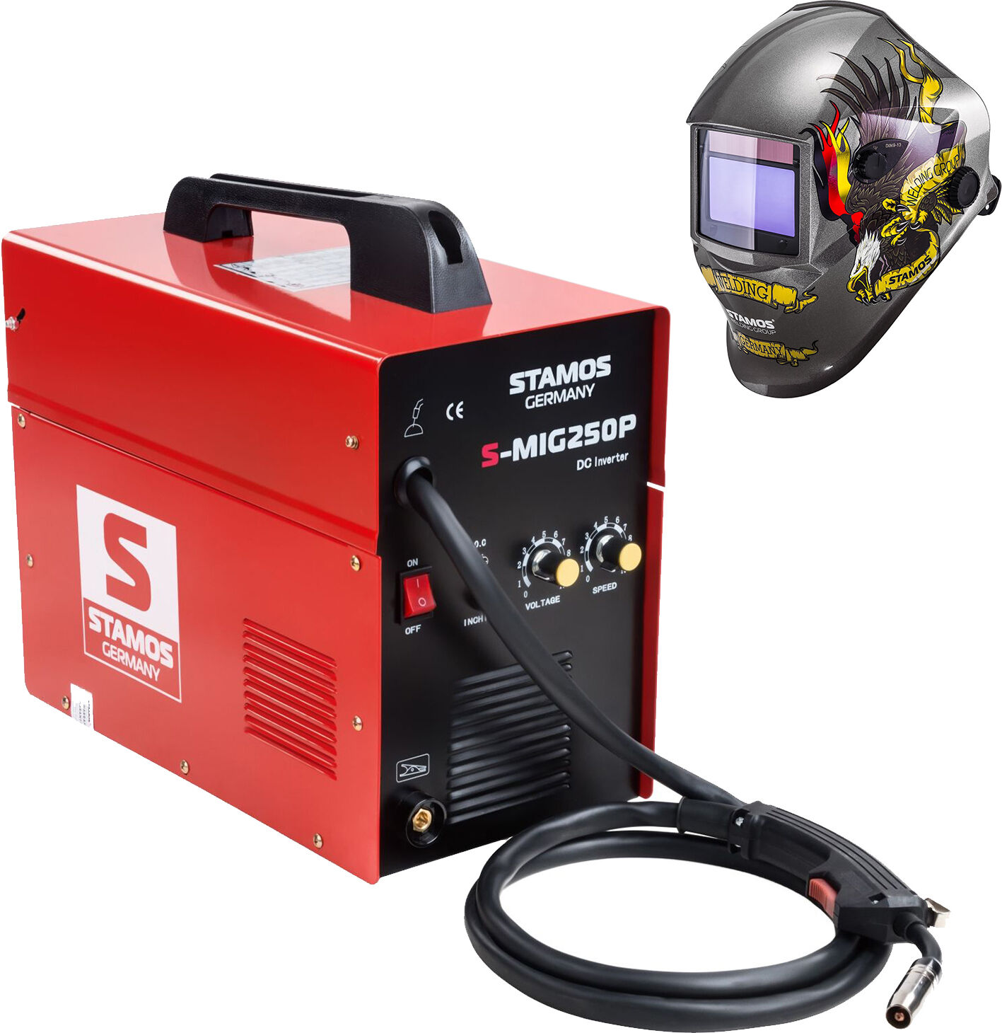 Stamos Basic Hitsaussetti MIG/MAG-hitsauskone - 250 A - 230 V - kannettava + Hitsausmaski - Eagle Eye - ADVANCED SERIES Stamos Basic Hitsaussetti MIG/MAG-hitsauskone - 250 A - 230 V - kannettava + Hitsausmaski - Eagle Eye - ADVANCED SERIES