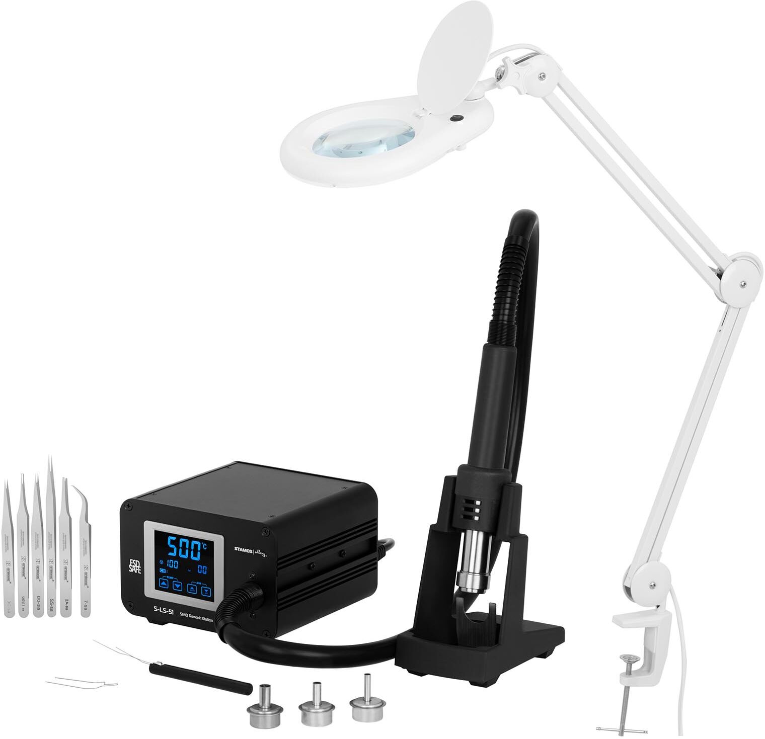 Stamos Soldering Juotosasemasarja kuumailmajuottimella ja suurennuslasivalaisimella - 1 300 W - LCD-kosketusnäyttö Stamos Soldering Juotosasemasarja kuumailmajuottimella ja suurennuslasivalaisimella - 1 300 W - LCD-kosketusnäyttö
