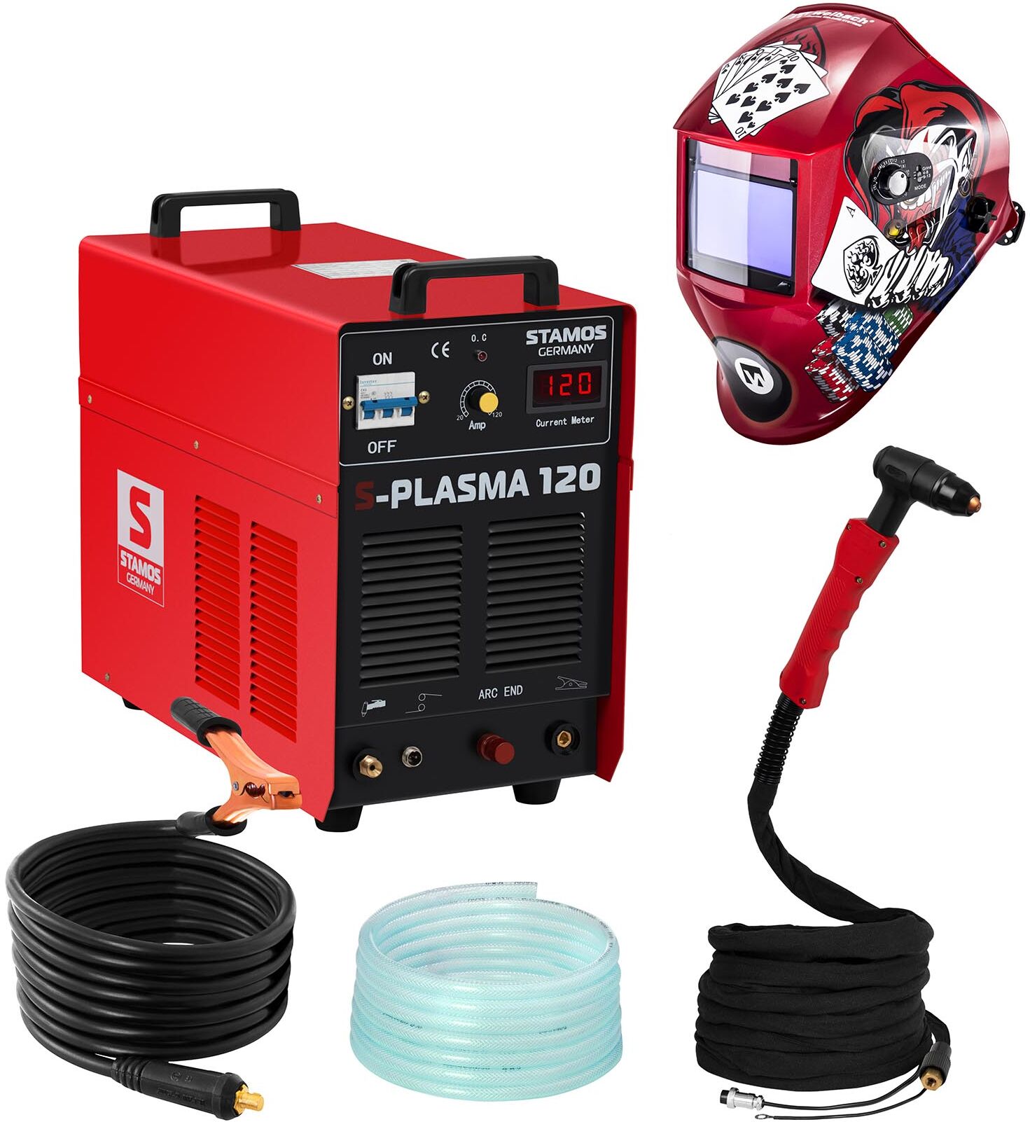 Stamos Basic Hitsaussetti Plasmaleikkuri - 120 A - 400 V - pilot arc + Hitsausmaski – Pokerface – PROFESSIONAL SERIES Stamos Basic Hitsaussetti Plasmaleikkuri - 120 A - 400 V - pilot arc + Hitsausmaski – Pokerface – PROFESSIONAL SERIES