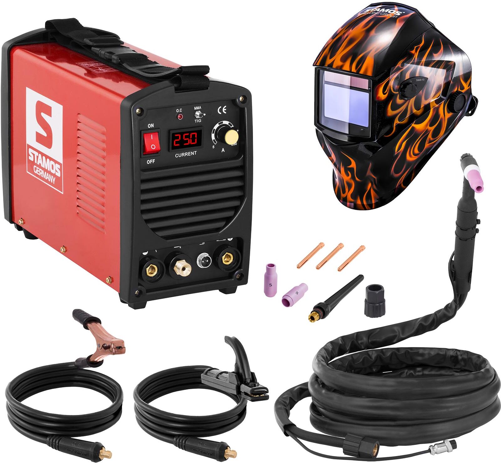 Stamos Basic Hitsaussetti TIG-hitsauskone - 250 A - 230 V - kannettava + Hitsausmaski – Firestarter 500 – ADVANCED SERIES Stamos Basic Hitsaussetti TIG-hitsauskone - 250 A - 230 V - kannettava + Hitsausmaski – Firestarter 500 – ADVANCED SERIES
