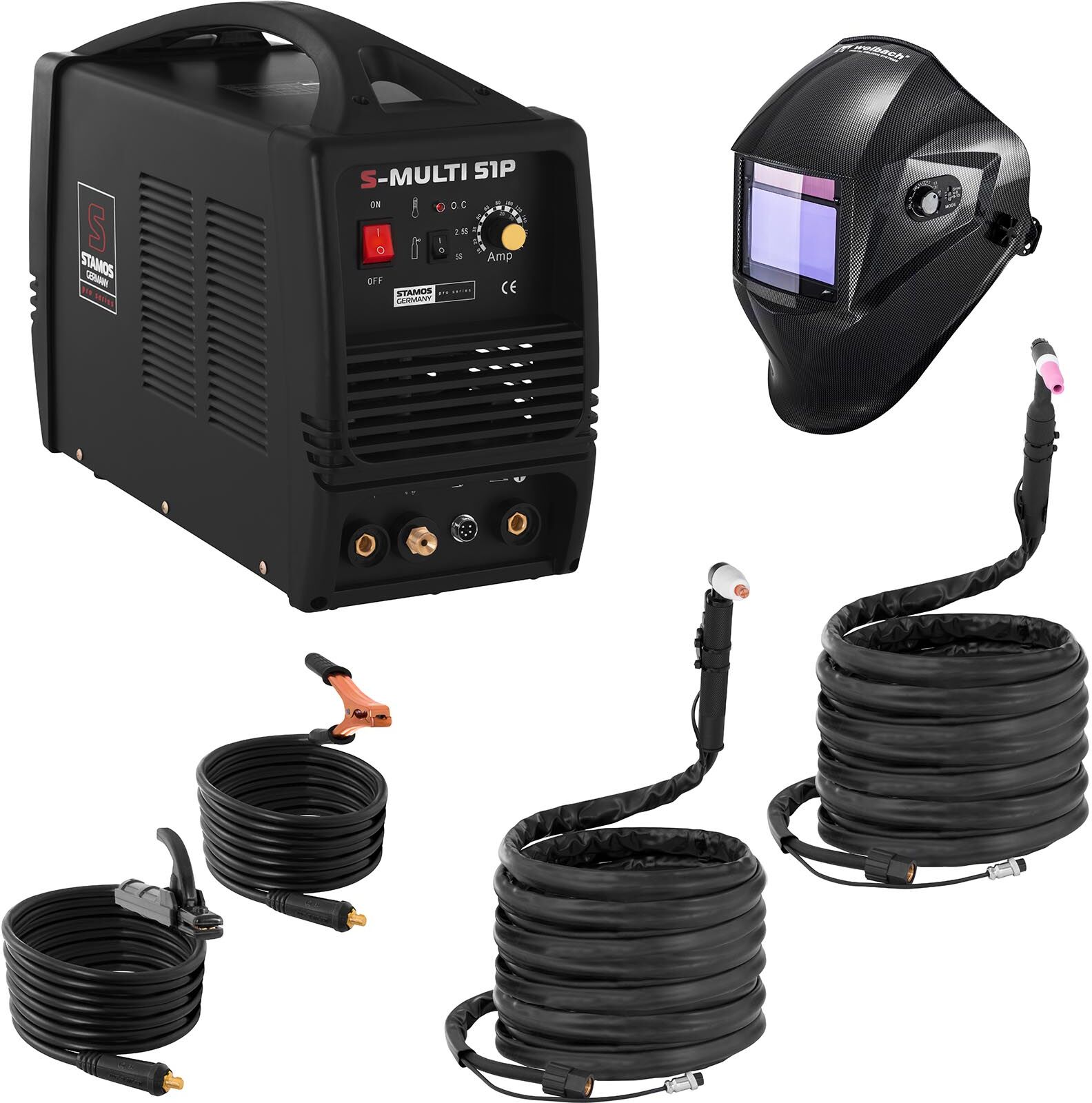 Stamos Pro Series Hitsaussetti Yhdistelmähitsauskone - TIG 180 A - Cut 50 A - MMA- PRO + Hitsausmaski – Carbonic – PROFESSIONAL SERIES Stamos Pro Series Hitsaussetti Yhdistelmähitsauskone - TIG 180 A - Cut 50 A - MMA- PRO + Hitsausmaski – Carbonic – PROFESSIONAL SERIES