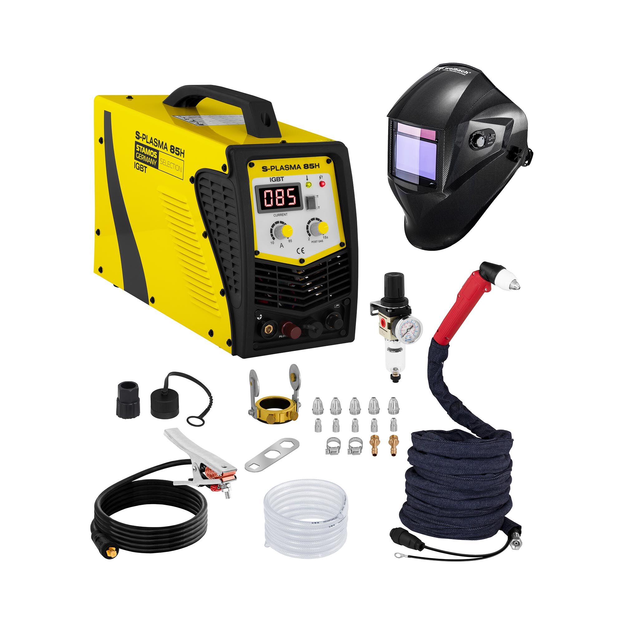 Stamos Selection Hitsaussetti Plasmaleikkuri - 85 A - 400 V - pilot arc + Hitsausmaski – Carbonic – PROFESSIONAL SERIES Stamos Selection Hitsaussetti Plasmaleikkuri - 85 A - 400 V - pilot arc + Hitsausmaski – Carbonic – PROFESSIONAL SERIES