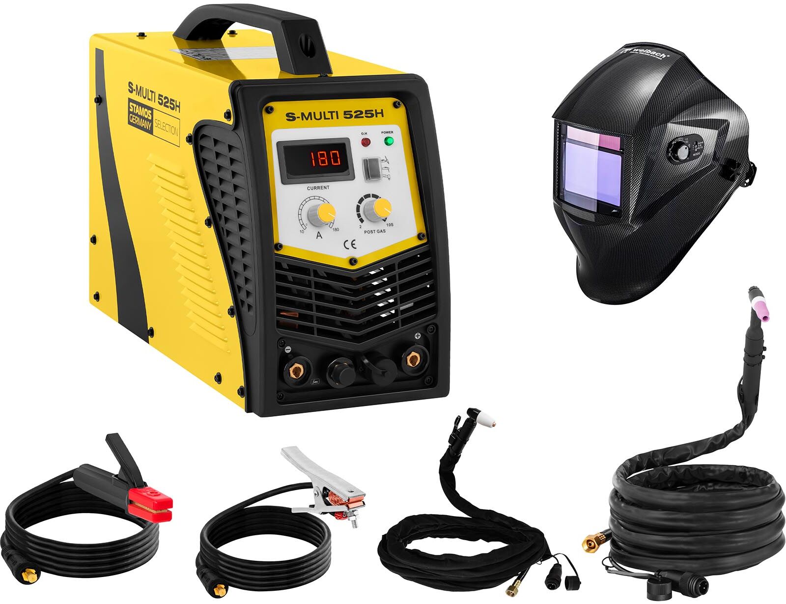 Stamos Selection Hitsaussetti Yhdistelmähitsauskone - TIG 180 A - Cut 40 A - MMA + Hitsausmaski – Carbonic – PROFESSIONAL SERIES Stamos Selection Hitsaussetti Yhdistelmähitsauskone - TIG 180 A - Cut 40 A - MMA + Hitsausmaski – Carbonic – PROFESSIONAL SERIES