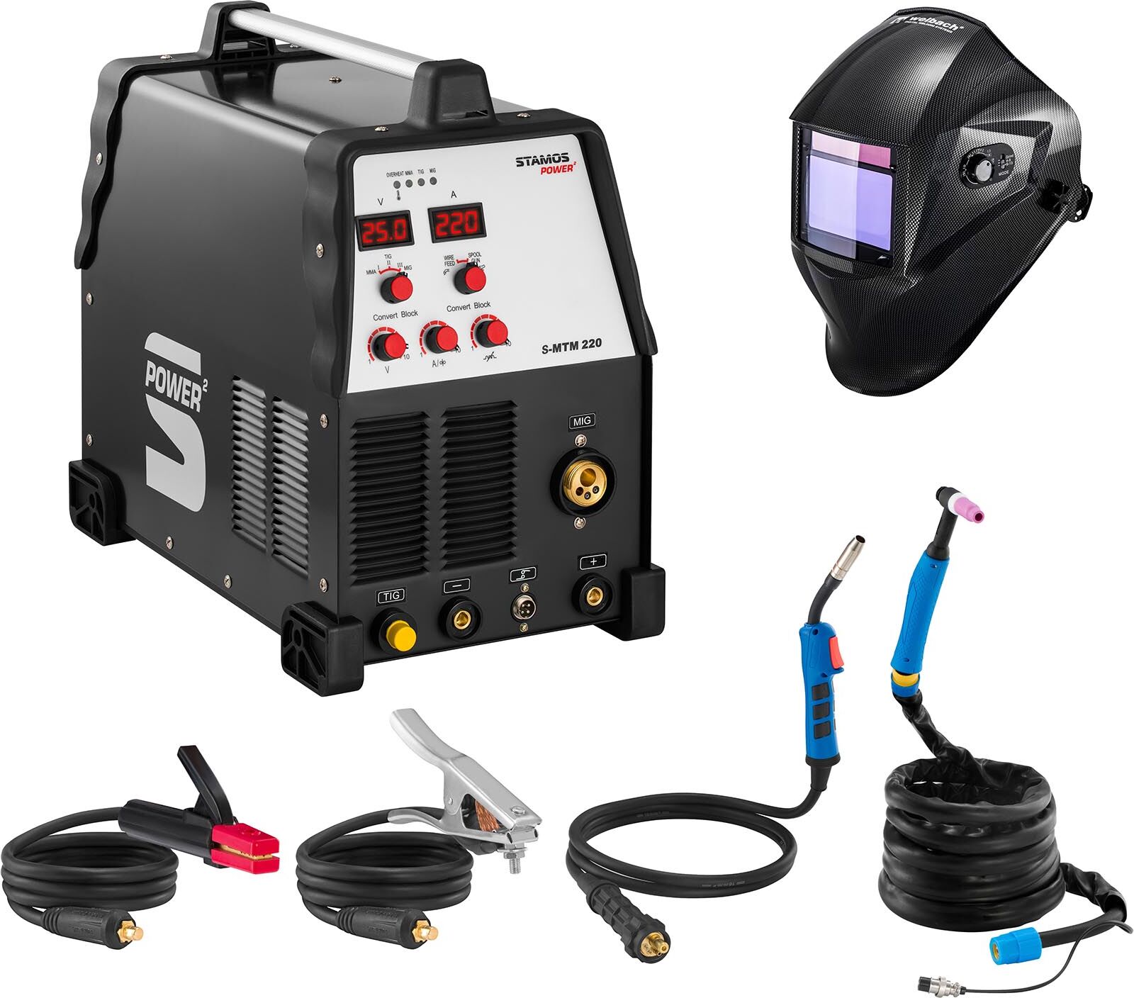 Stamos Power ² Hitsaussetti Yhdistelmähitsauskone - TIG 220 A - MIG 220 A - MMA + Hitsausmaski – Carbonic – PROFESSIONAL SERIES Stamos Power ² Hitsaussetti Yhdistelmähitsauskone - TIG 220 A - MIG 220 A - MMA + Hitsausmaski – Carbonic – PROFESSIONAL SERIES